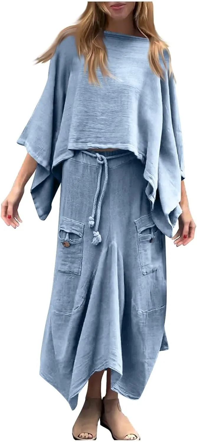 2 Piece Skirt Sets for Women Casual 3/4 Sleeve Tops Maxi Skirt Set Spring Summer Solid Color Loose Flowy Matching