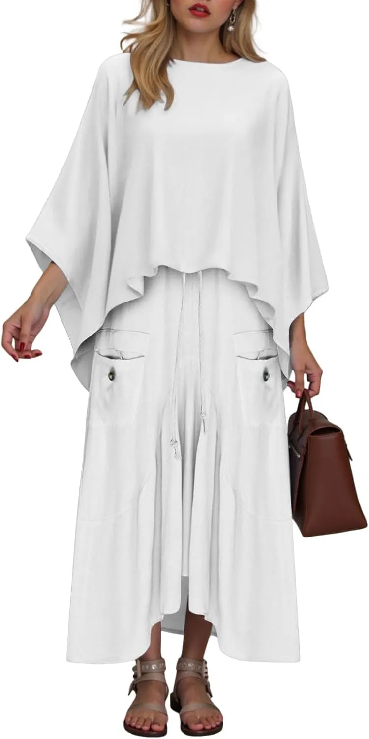 2 Piece Skirt Sets for Women Casual 3/4 Sleeve Tops Maxi Skirt Set Spring Summer Solid Color Loose Flowy Matching