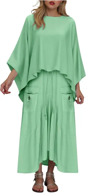 2 Piece Skirt Sets for Women Casual 3/4 Sleeve Tops Maxi Skirt Set Spring Summer Solid Color Loose Flowy Matching