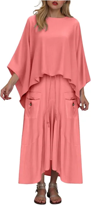 2 Piece Skirt Sets for Women Casual 3/4 Sleeve Tops Maxi Skirt Set Spring Summer Solid Color Loose Flowy Matching