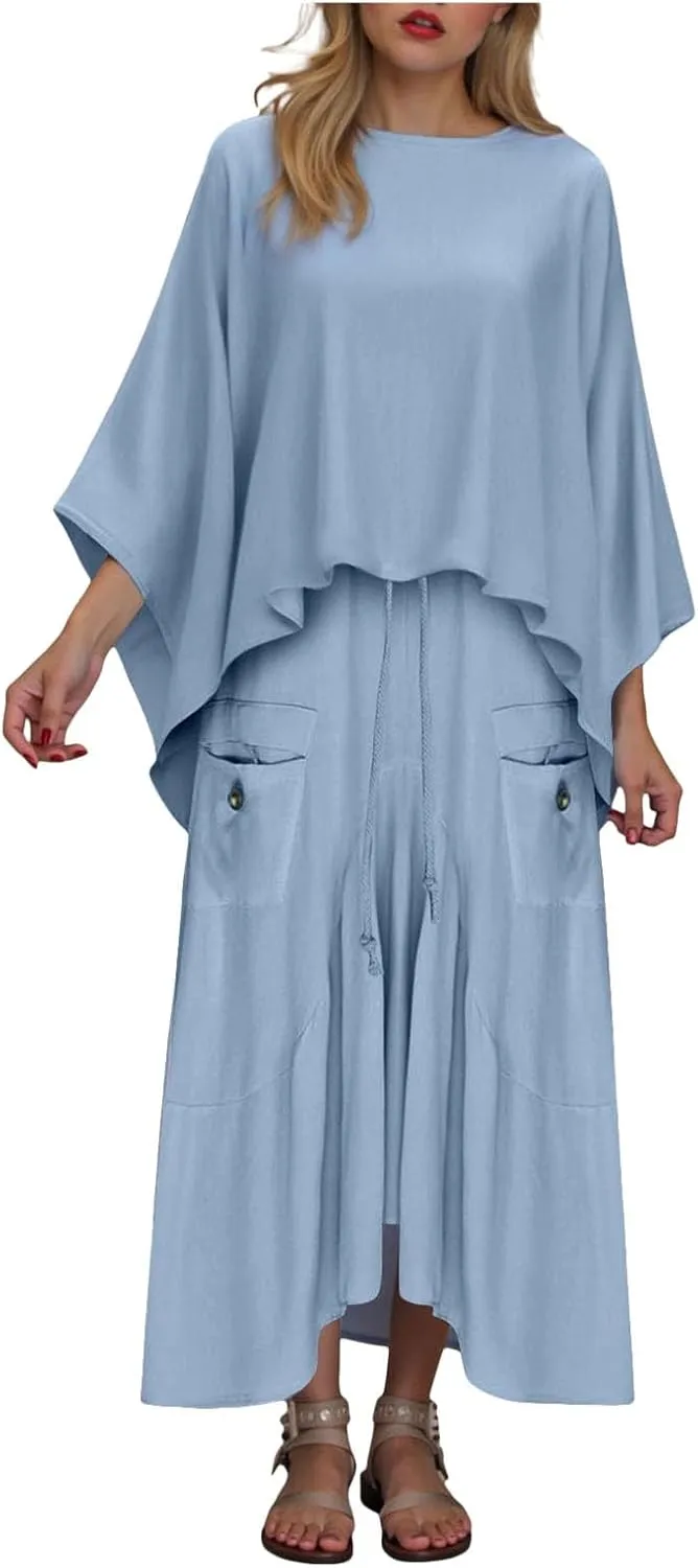 2 Piece Skirt Sets for Women Casual 3/4 Sleeve Tops Maxi Skirt Set Spring Summer Solid Color Loose Flowy Matching