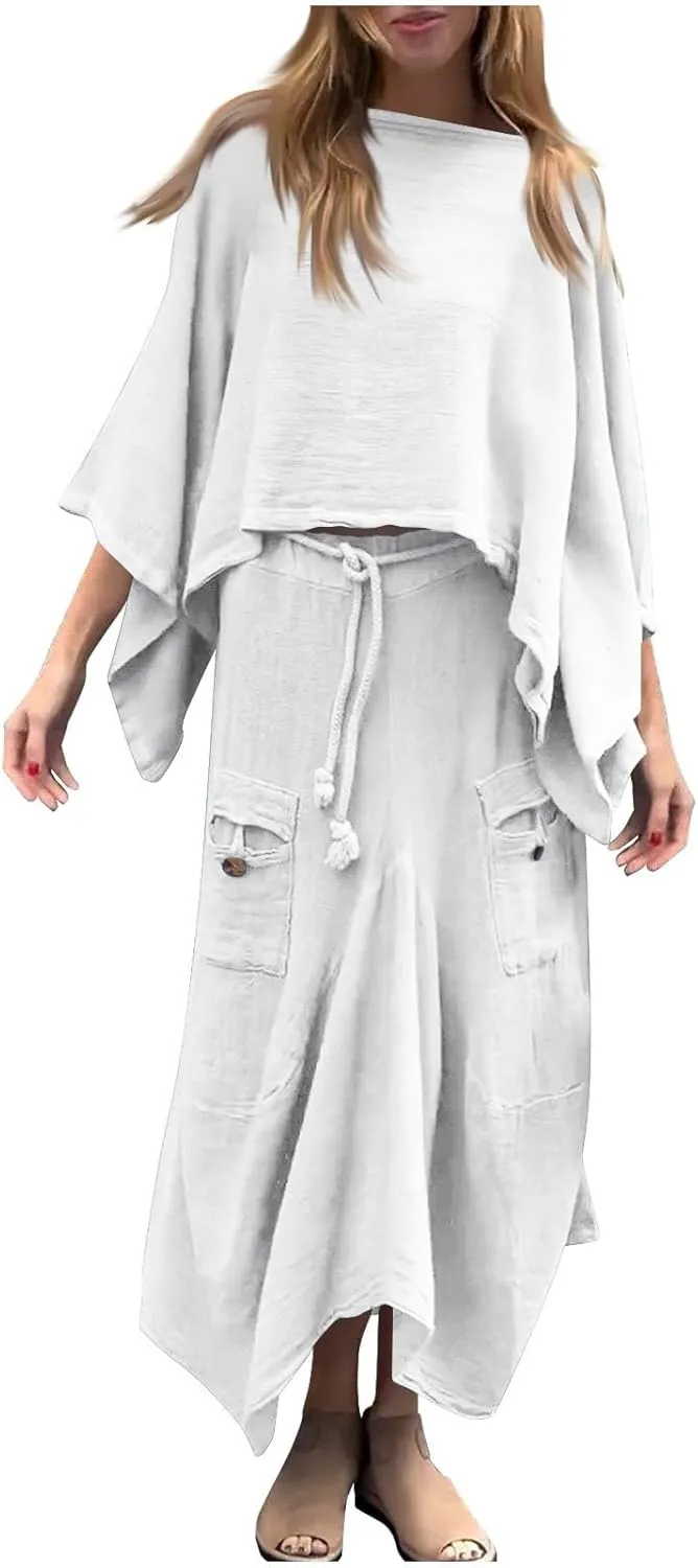 2 Piece Skirt Sets for Women Casual 3/4 Sleeve Tops Maxi Skirt Set Spring Summer Solid Color Loose Flowy Matching