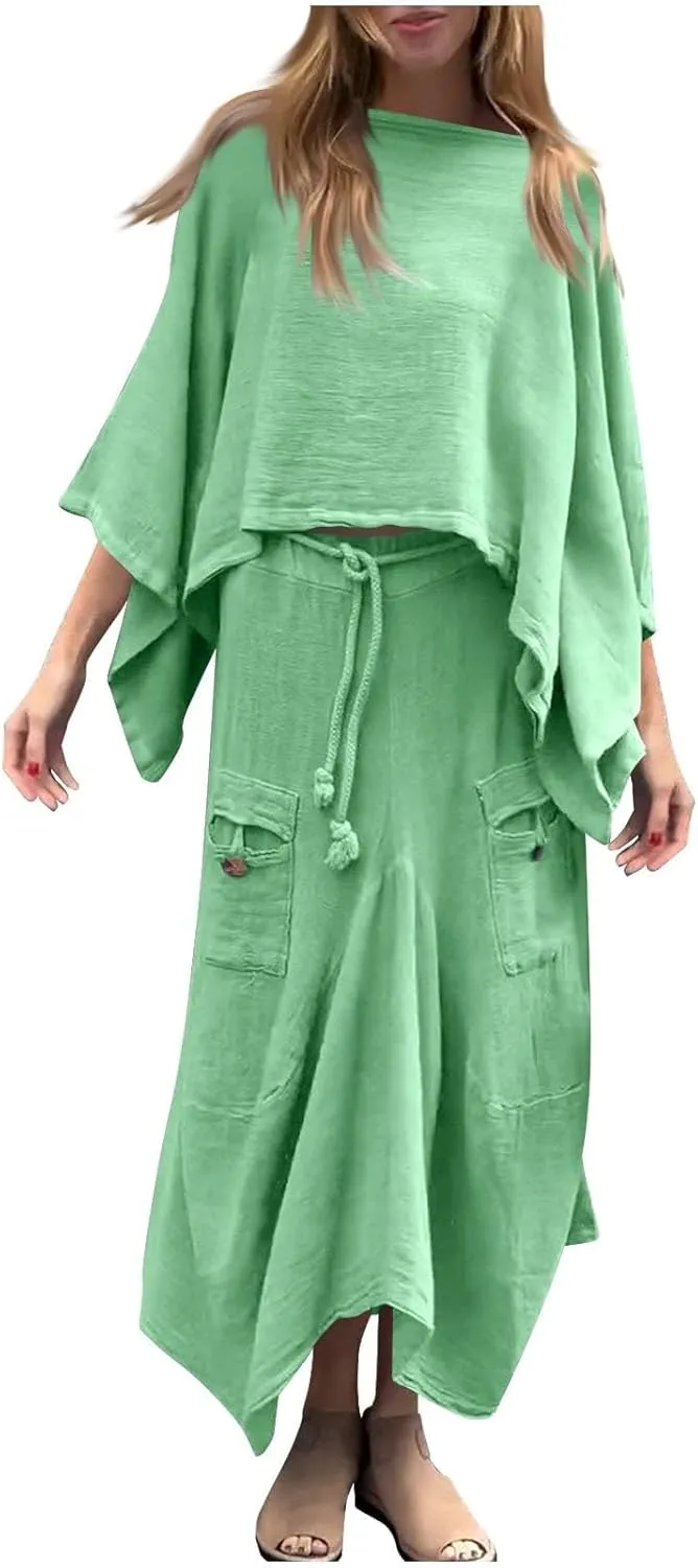 2 Piece Skirt Sets for Women Casual 3/4 Sleeve Tops Maxi Skirt Set Spring Summer Solid Color Loose Flowy Matching