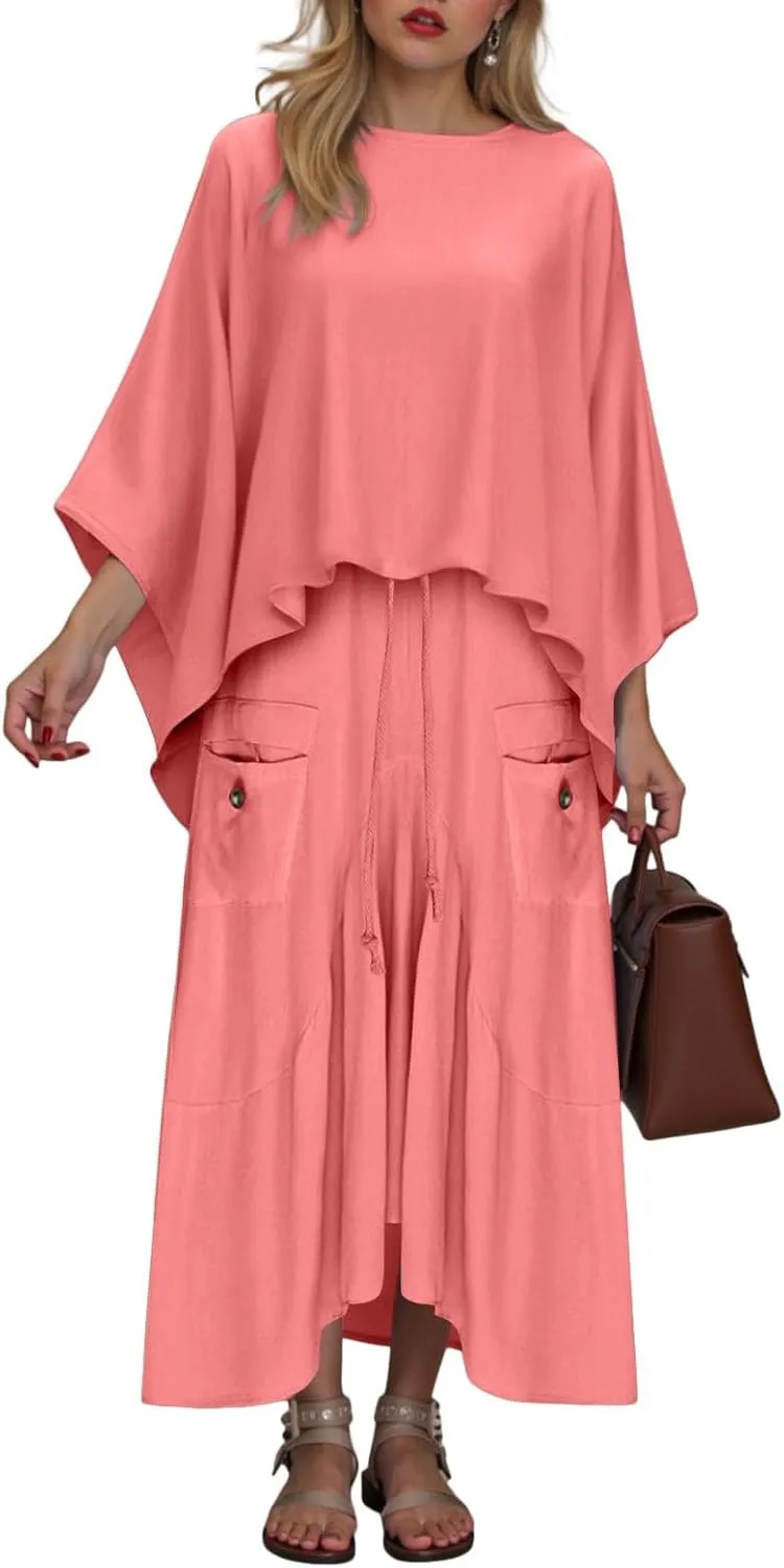 2 Piece Skirt Sets for Women Casual 3/4 Sleeve Tops Maxi Skirt Set Spring Summer Solid Color Loose Flowy Matching