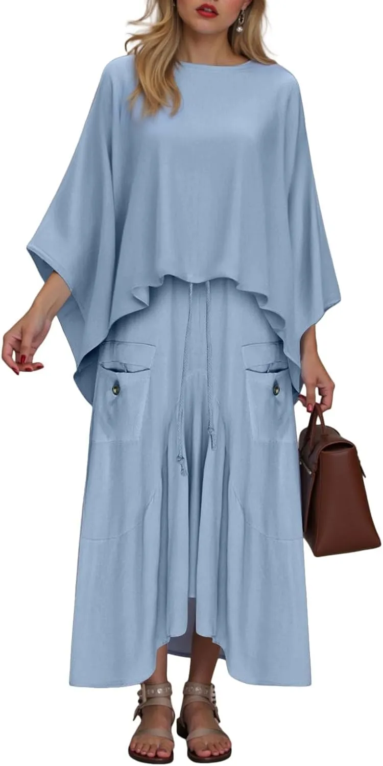 2 Piece Skirt Sets for Women Casual 3/4 Sleeve Tops Maxi Skirt Set Spring Summer Solid Color Loose Flowy Matching