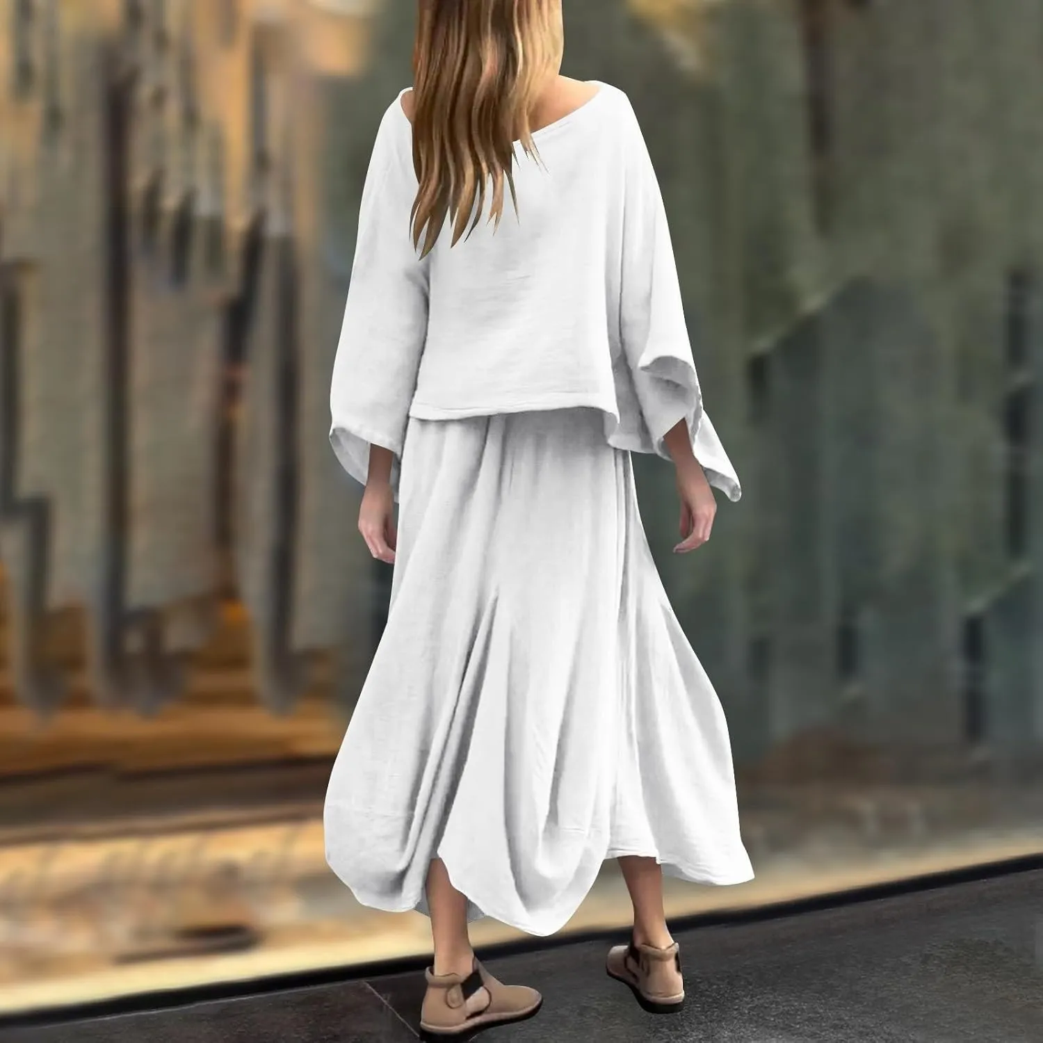 2 Piece Skirt Sets for Women Casual 3/4 Sleeve Tops Maxi Skirt Set Spring Summer Solid Color Loose Flowy Matching
