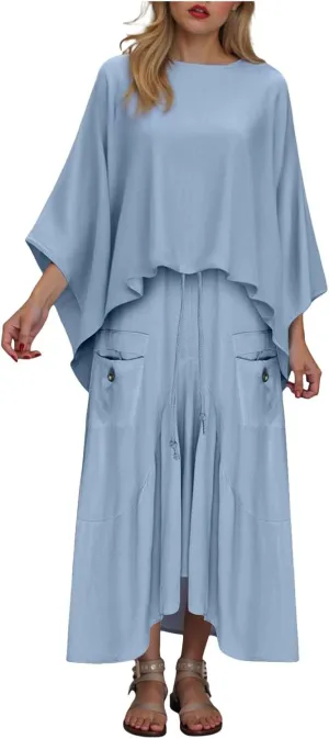 2 Piece Skirt Sets for Women Casual 3/4 Sleeve Tops Maxi Skirt Set Spring Summer Solid Color Loose Flowy Matching