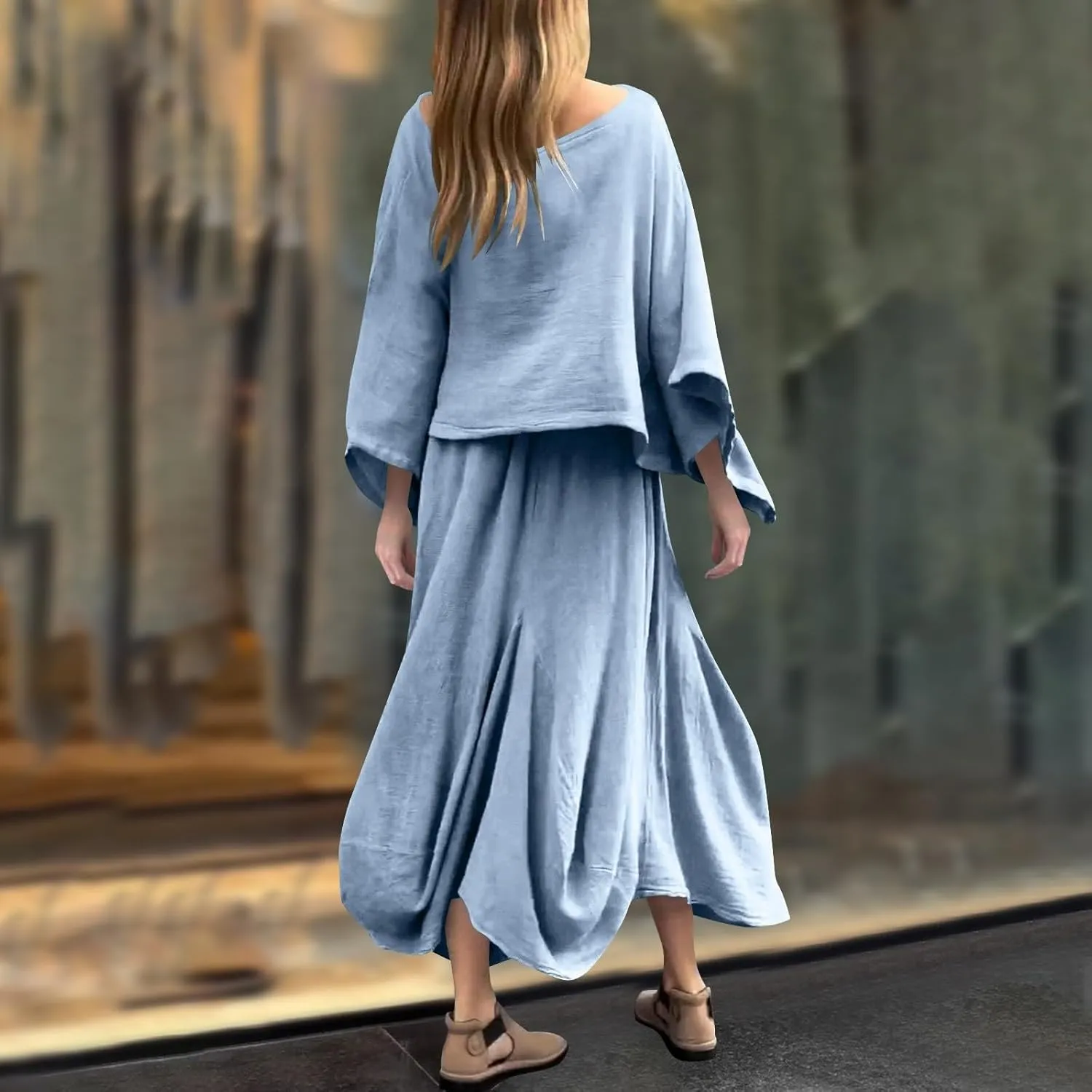 2 Piece Skirt Sets for Women Casual 3/4 Sleeve Tops Maxi Skirt Set Spring Summer Solid Color Loose Flowy Matching
