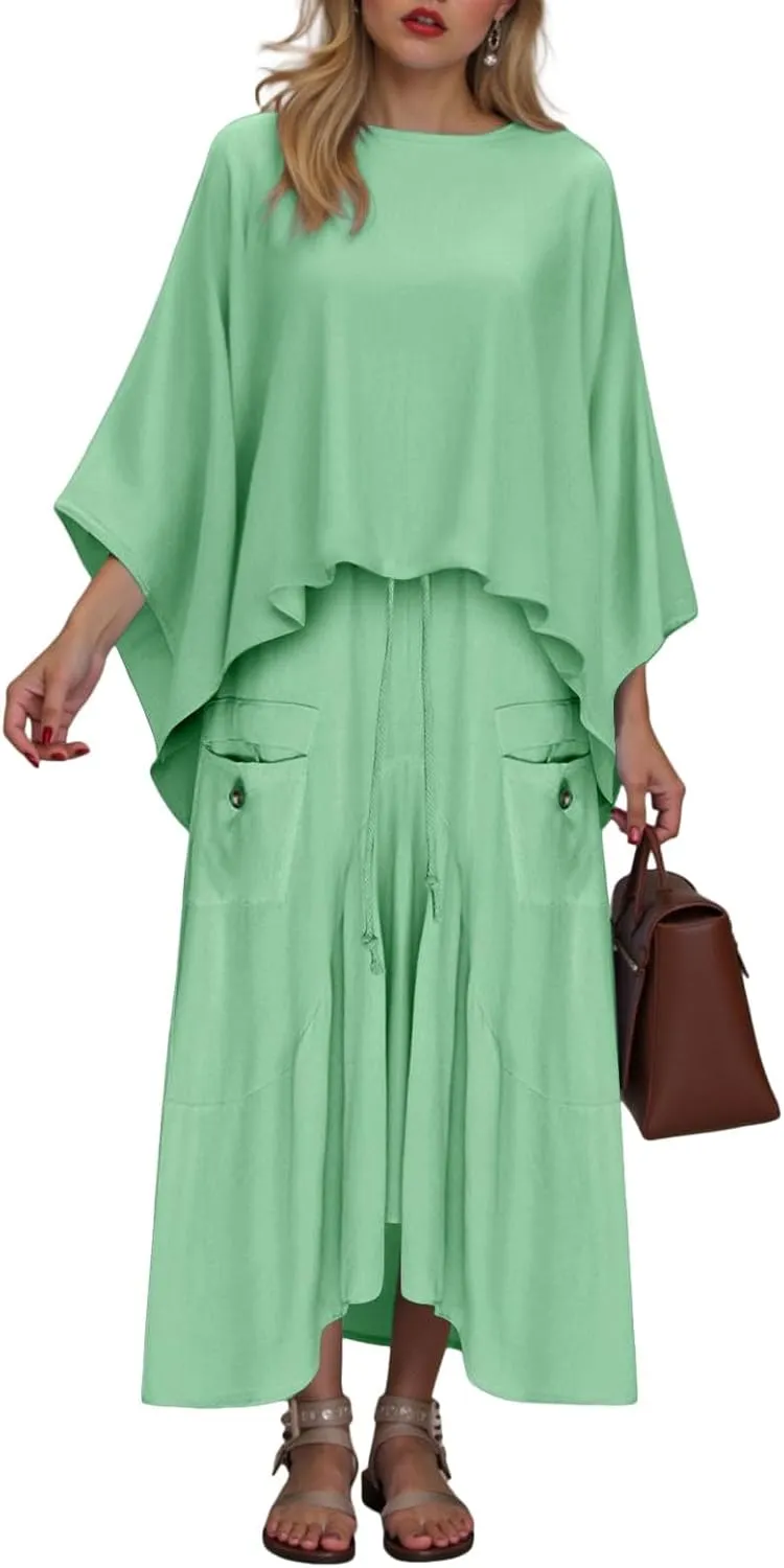2 Piece Skirt Sets for Women Casual 3/4 Sleeve Tops Maxi Skirt Set Spring Summer Solid Color Loose Flowy Matching