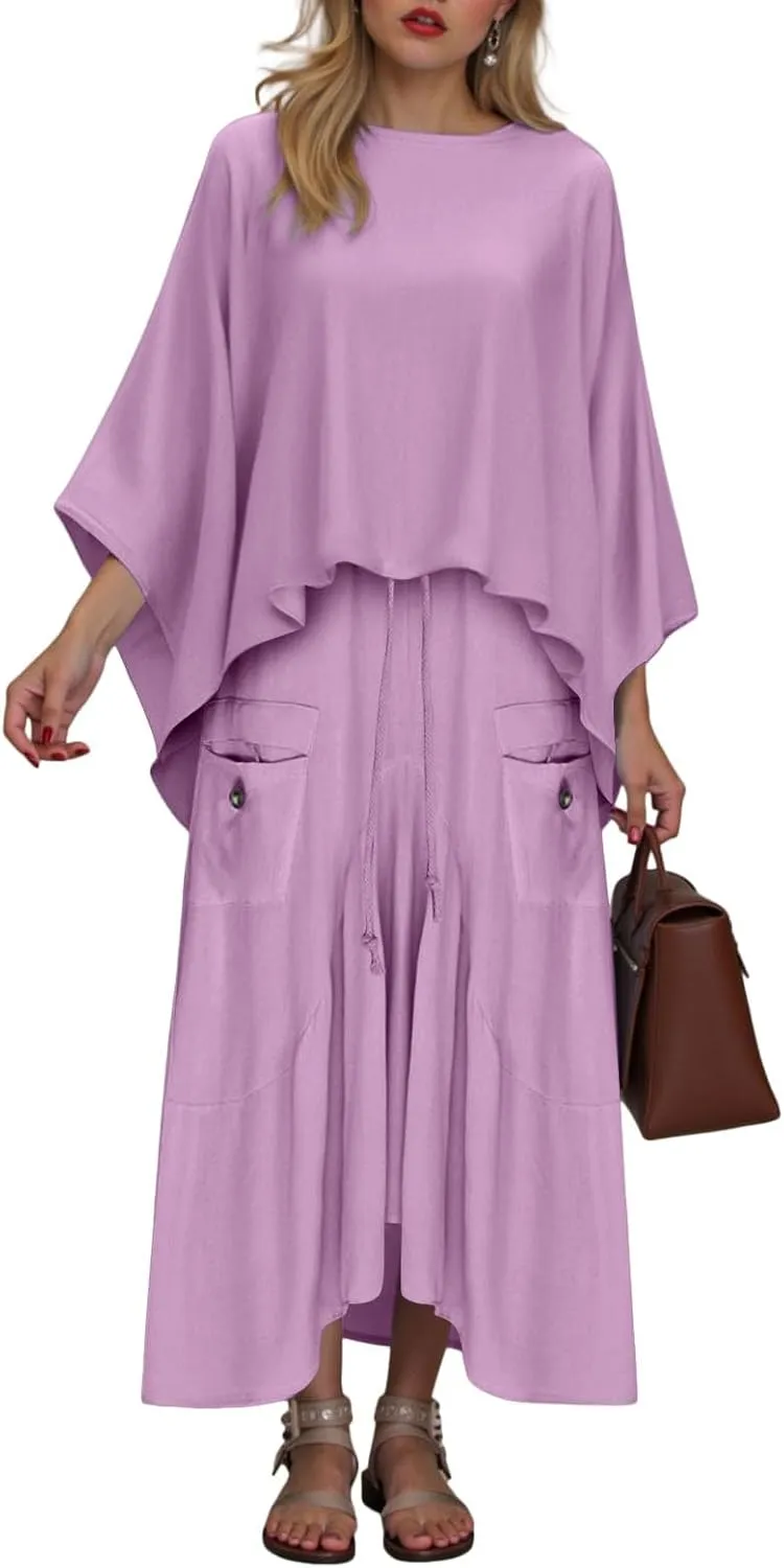 2 Piece Skirt Sets for Women Casual 3/4 Sleeve Tops Maxi Skirt Set Spring Summer Solid Color Loose Flowy Matching