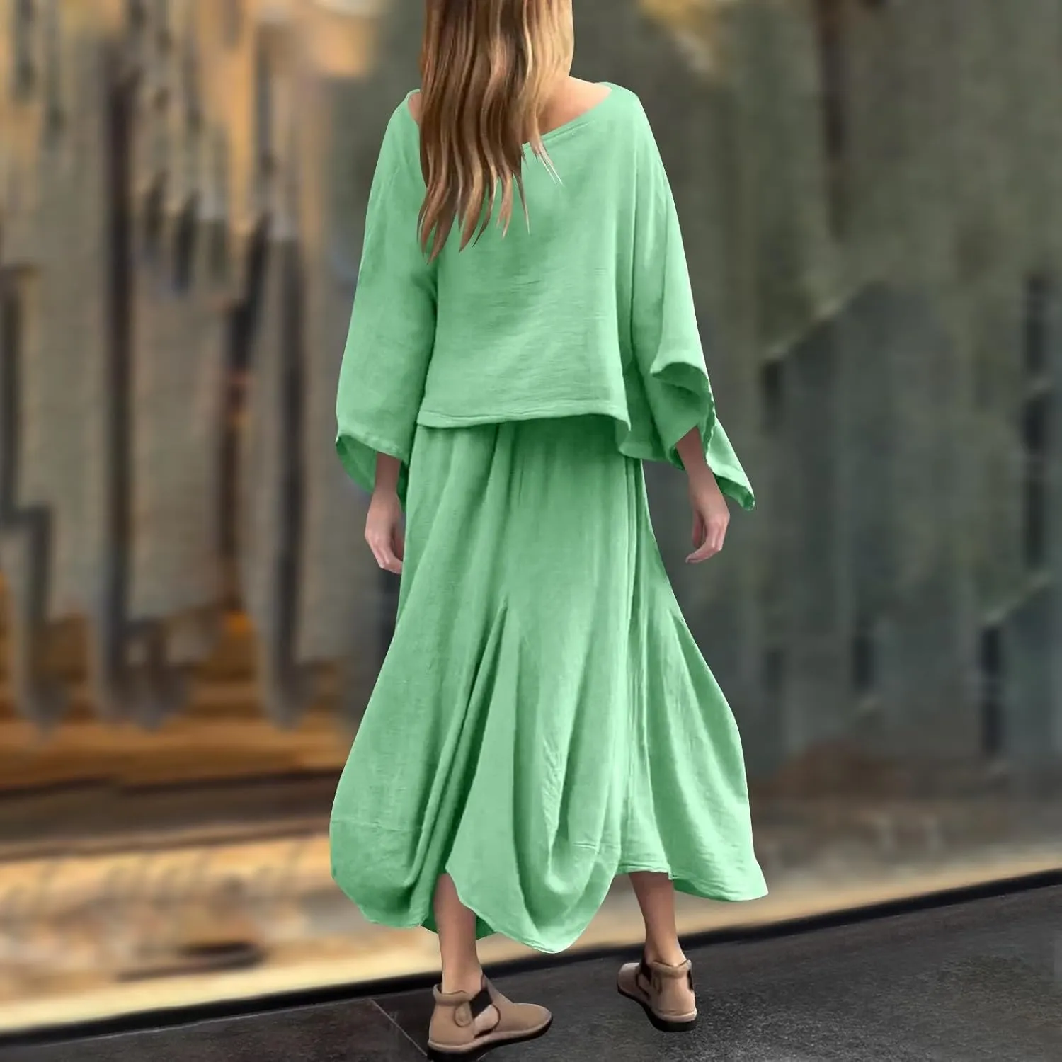 2 Piece Skirt Sets for Women Casual 3/4 Sleeve Tops Maxi Skirt Set Spring Summer Solid Color Loose Flowy Matching