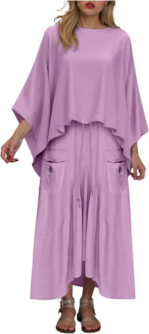 2 Piece Skirt Sets for Women Casual 3/4 Sleeve Tops Maxi Skirt Set Spring Summer Solid Color Loose Flowy Matching