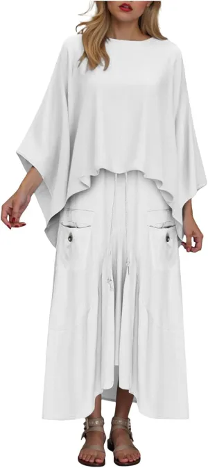 2 Piece Skirt Sets for Women Casual 3/4 Sleeve Tops Maxi Skirt Set Spring Summer Solid Color Loose Flowy Matching