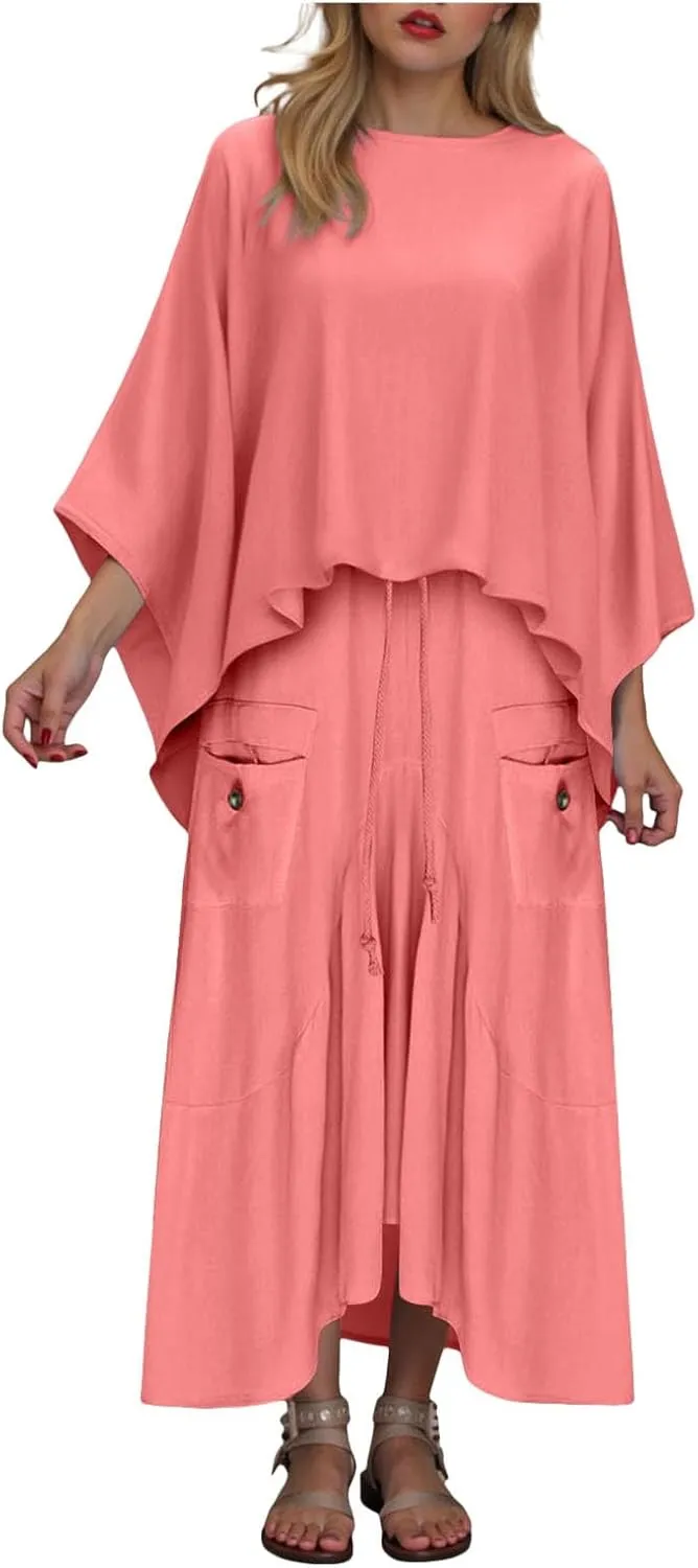 2 Piece Skirt Sets for Women Casual 3/4 Sleeve Tops Maxi Skirt Set Spring Summer Solid Color Loose Flowy Matching