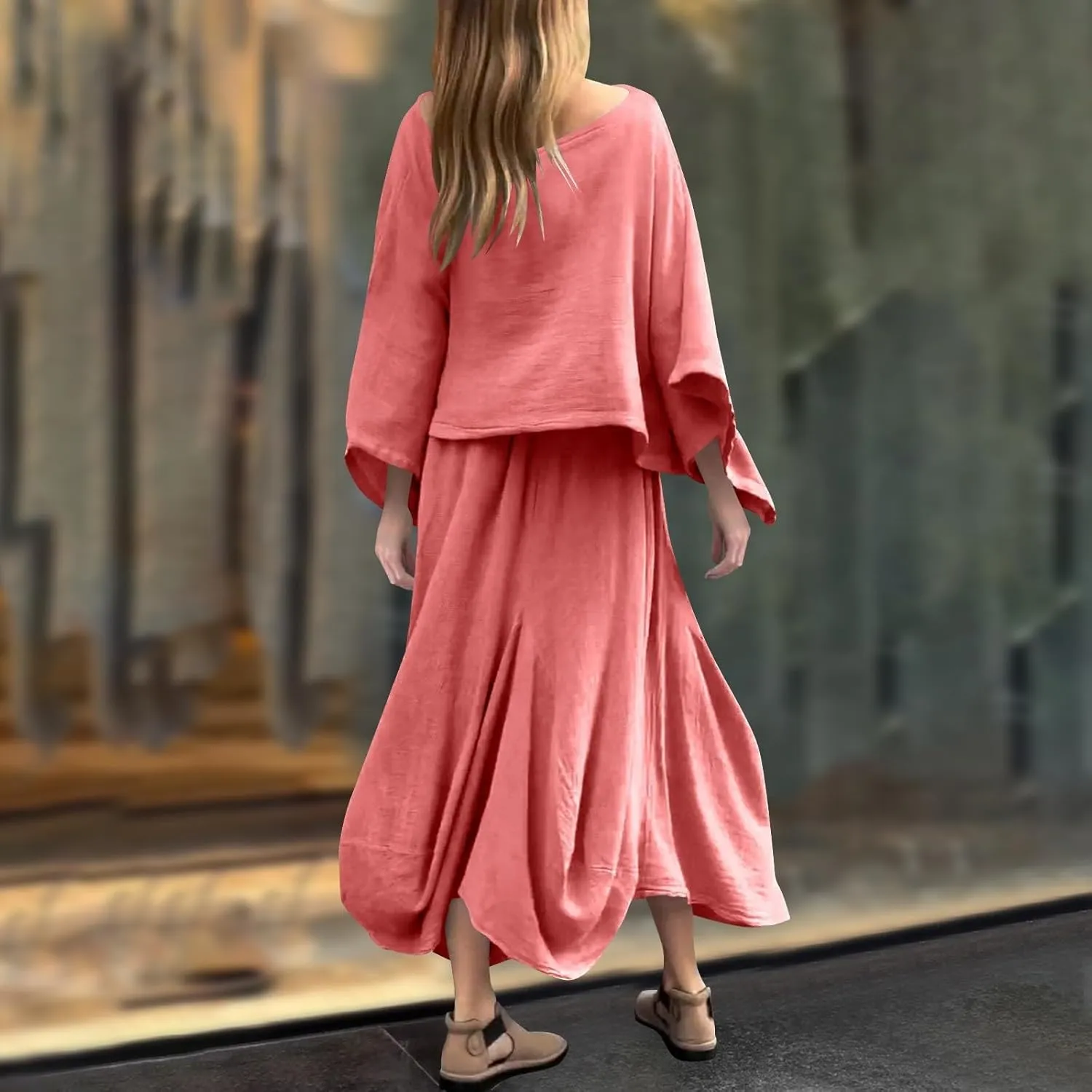 2 Piece Skirt Sets for Women Casual 3/4 Sleeve Tops Maxi Skirt Set Spring Summer Solid Color Loose Flowy Matching