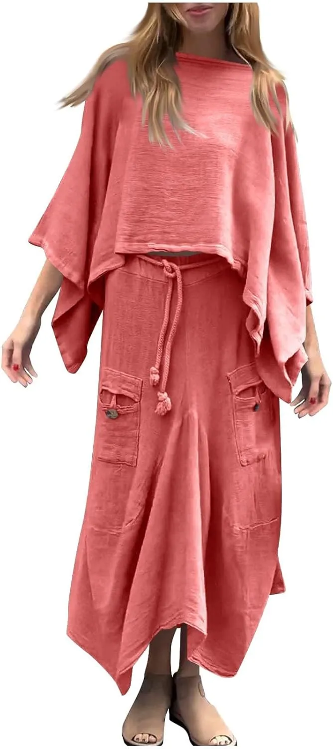 2 Piece Skirt Sets for Women Casual 3/4 Sleeve Tops Maxi Skirt Set Spring Summer Solid Color Loose Flowy Matching