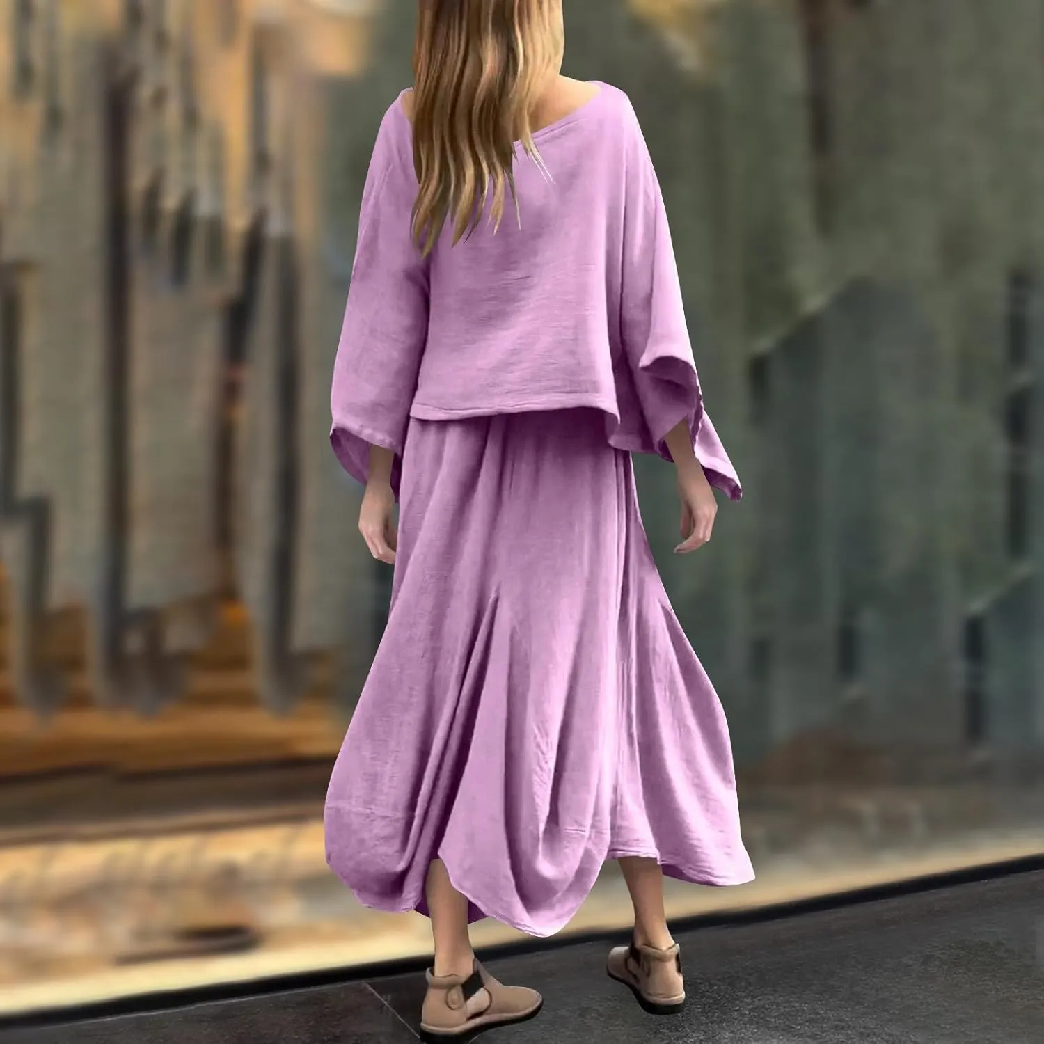 2 Piece Skirt Sets for Women Casual 3/4 Sleeve Tops Maxi Skirt Set Spring Summer Solid Color Loose Flowy Matching