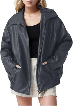 2024 Trendy Temperament Jacket Coat for Womens Long Sleeve Zipper Outwear Casual Loose Fit Overcoat with Pockets Suits