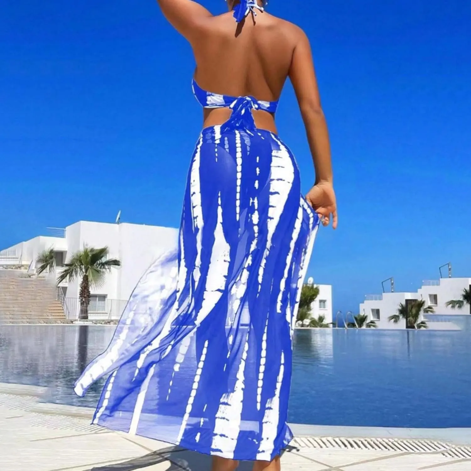 3 Piece Swimsuits for Women Halter Triangle Bikini Sets High Cut Bathing Suits Cinched Cover Up Slit Maxi Skirt