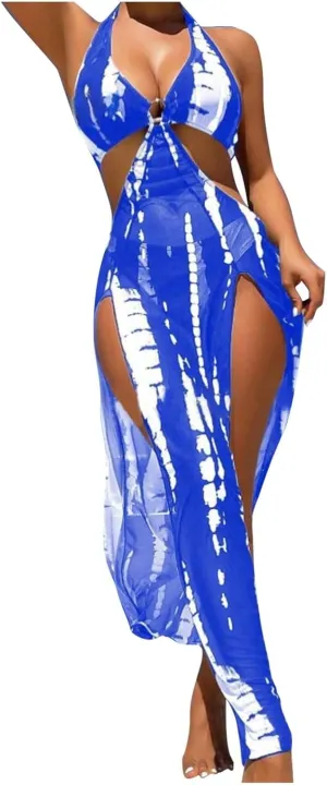 3 Piece Swimsuits for Women Halter Triangle Bikini Sets High Cut Bathing Suits Cinched Cover Up Slit Maxi Skirt