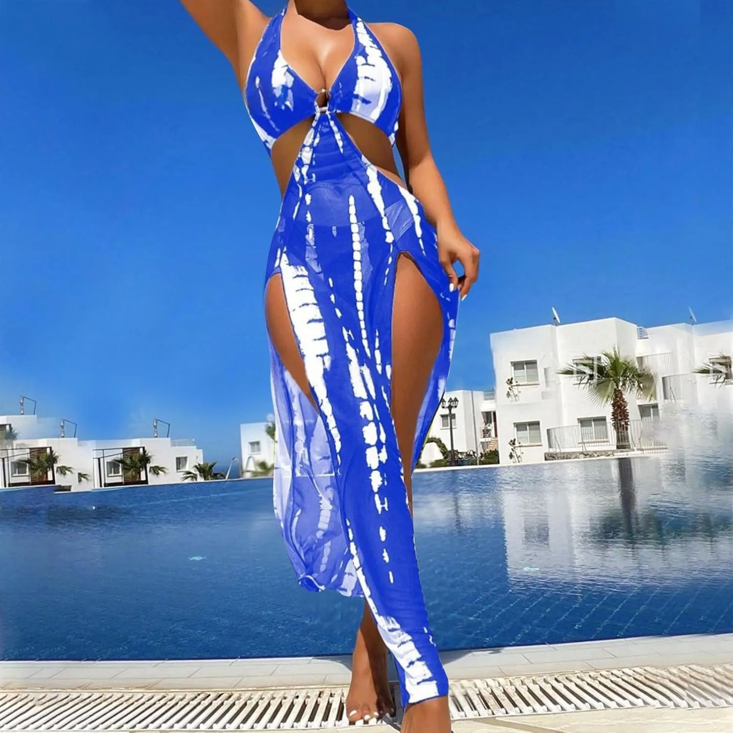 3 Piece Swimsuits for Women Halter Triangle Bikini Sets High Cut Bathing Suits Cinched Cover Up Slit Maxi Skirt