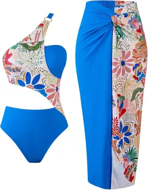 3 Piece Swimsuits for Women High Waisted Bikini Sets Retro Swimsuit with Cover up Beach Wrap Skirt Y2k High Waisted Swimsuits