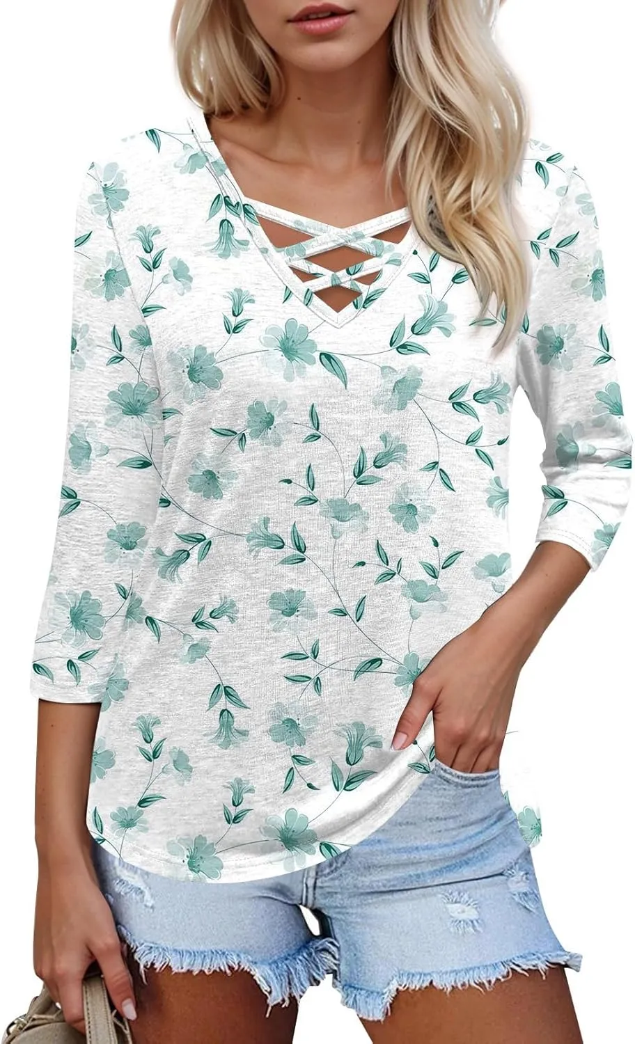 3/4 Length Sleeve Womens Tops Cross Collar Floral Print Lightweight Going Out T-Shirts Summer Casual Fashion Tees 2025