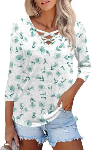 3/4 Length Sleeve Womens Tops Cross Collar Floral Print Lightweight Going Out T-Shirts Summer Casual Fashion Tees 2025