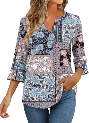 3/4 Length Sleeve Womens Tops Summer Ruffle Sleeve Blouses V-Neck Lace T-Shirts Dressy Casual