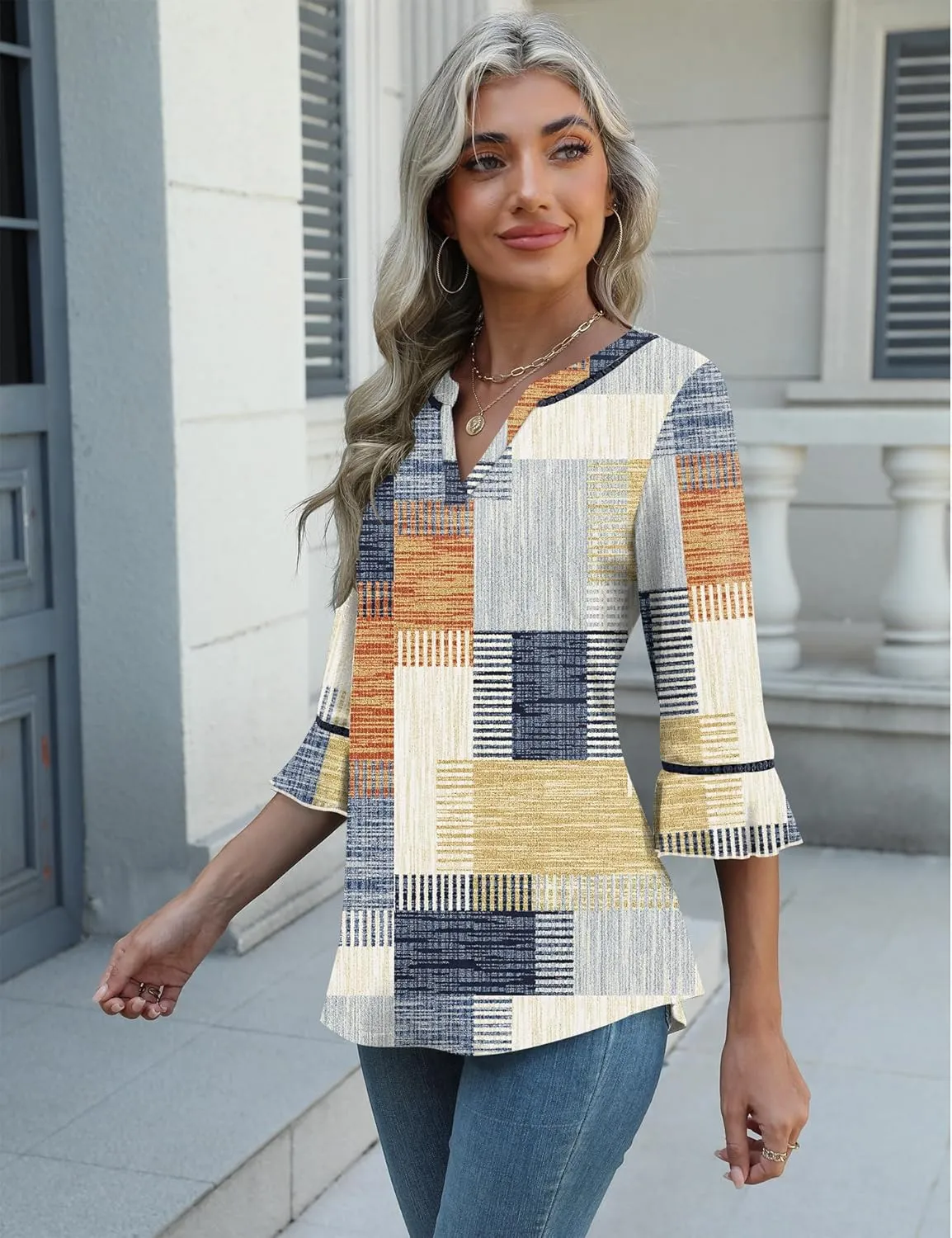 3/4 Length Sleeve Womens Tops Summer Ruffle Sleeve Blouses V-Neck Lace T-Shirts Dressy Casual