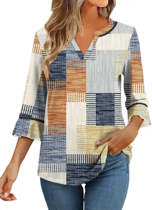 3/4 Length Sleeve Womens Tops Summer Ruffle Sleeve Blouses V-Neck Lace T-Shirts Dressy Casual