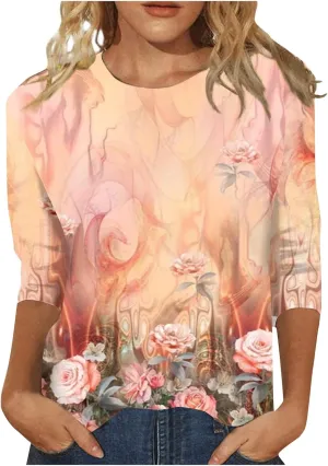 3/4 Length Sleeve Womens Tops Tees Blouses Plus Size Shirts for Curvy Women 4X-5X 2025 Spring Tops for Women Trendy