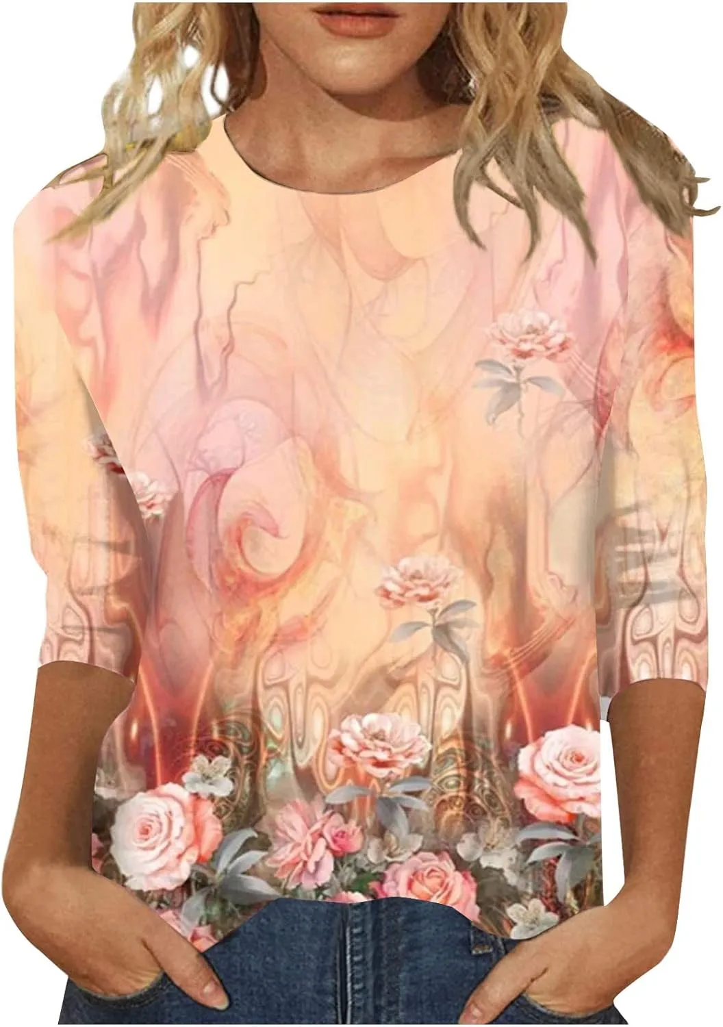 3/4 Length Sleeve Womens Tops Tees Blouses Plus Size Shirts for Curvy Women 4X-5X 2025 Spring Tops for Women Trendy