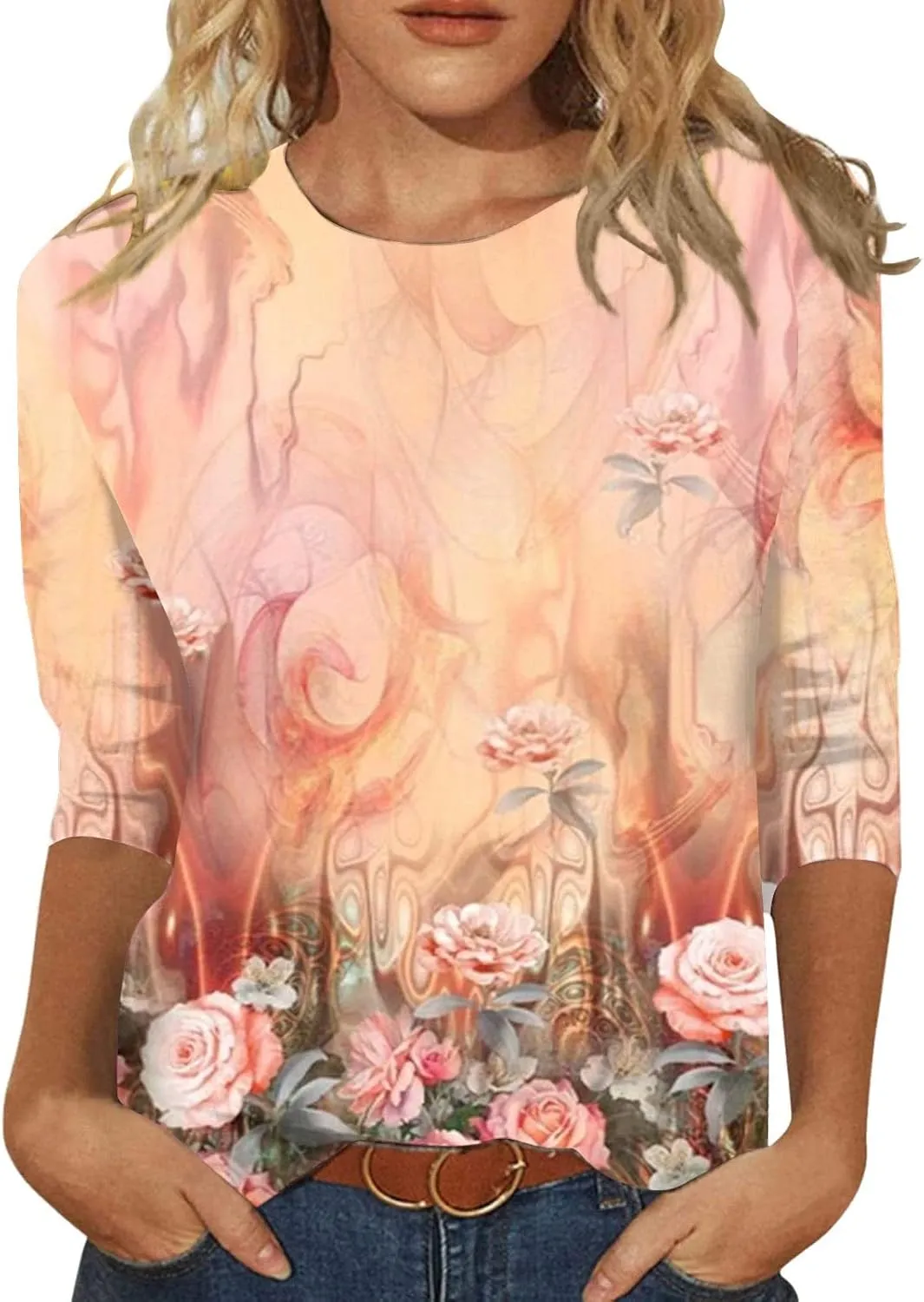 3/4 Length Sleeve Womens Tops Tees Blouses Plus Size Shirts for Curvy Women 4X-5X 2025 Spring Tops for Women Trendy