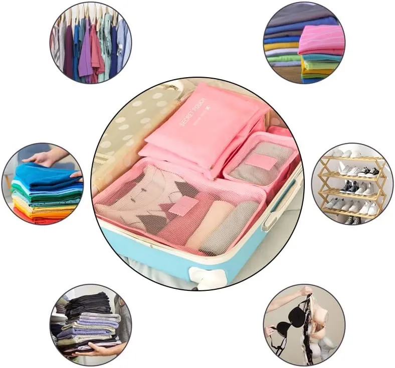 6pcs Travel Organizer Storage Bags Portable Travel Suitcases Organizer Travel Bag for Women Luggage Organizer Clothes Shoes Bag, Medium, Pink