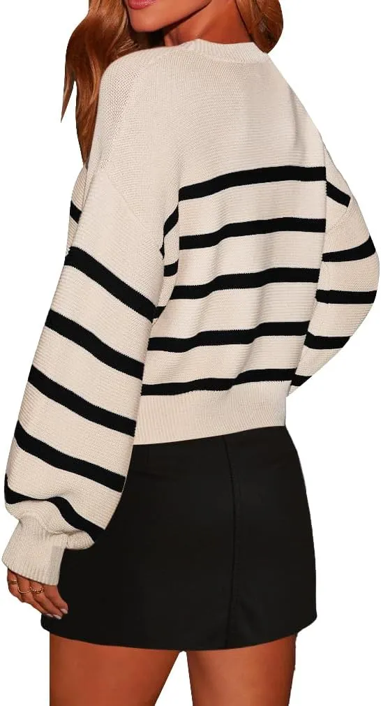 AiMgFUN Women's Long Sleeve Crew Neck Striped Crop Sweater Ribbed Knit Pullover Jumper Tops