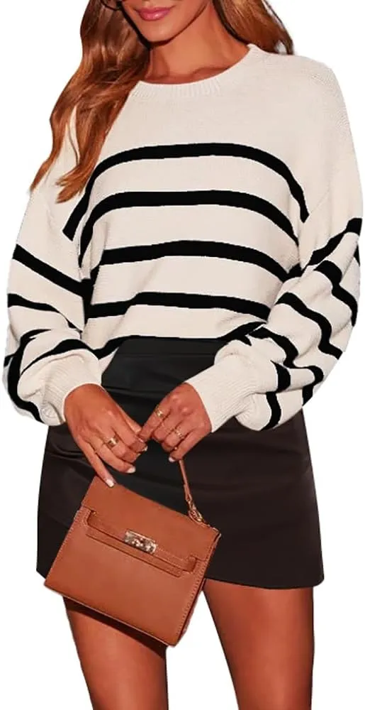 AiMgFUN Women's Long Sleeve Crew Neck Striped Crop Sweater Ribbed Knit Pullover Jumper Tops