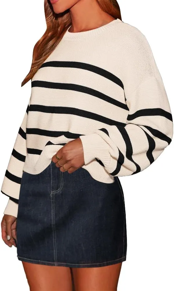 AiMgFUN Women's Long Sleeve Crew Neck Striped Crop Sweater Ribbed Knit Pullover Jumper Tops