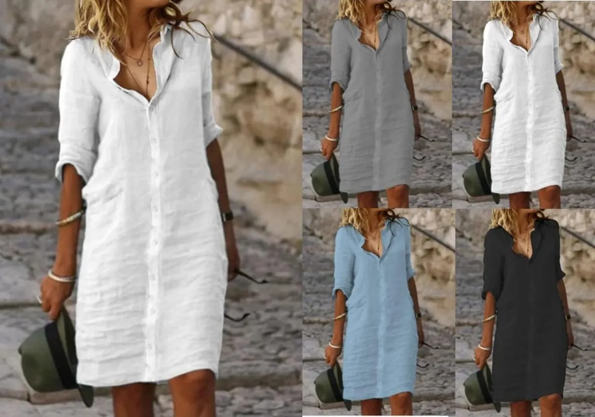 Akivide Women's Linen Midi Dress Casual Button Down Shirt Dress with Pocket - Loose V-Neck Half Sleeve Beach Vacation Dress