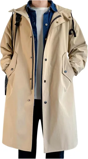 Akklian Men's Double-Breasted Trench Coat Long Thick Warm Hooded Overcoat Casual Windbreaker Travel Lightweight Jackets Coat