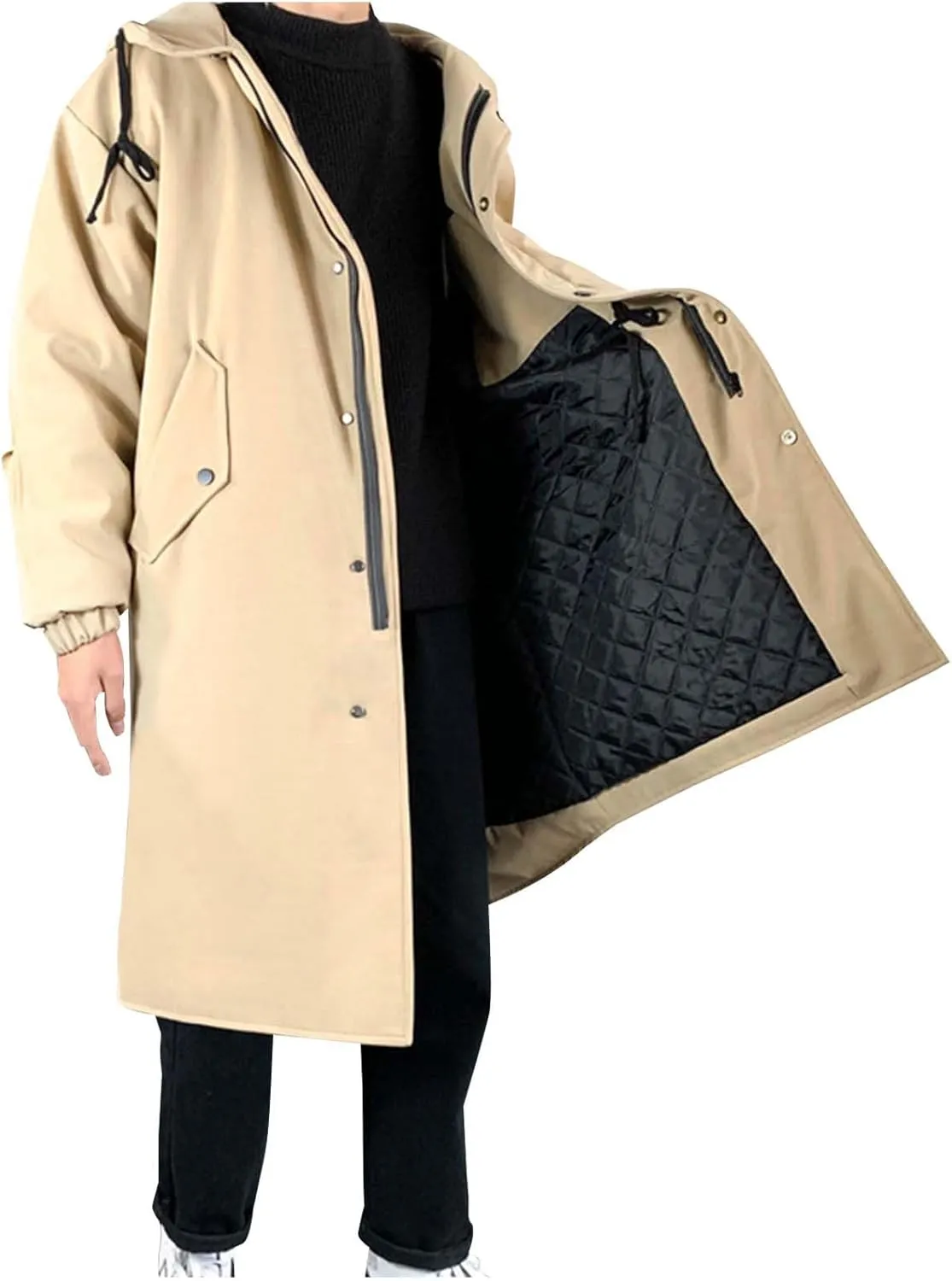 Akklian Men's Double-Breasted Trench Coat Long Thick Warm Hooded Overcoat Casual Windbreaker Travel Lightweight Jackets Coat