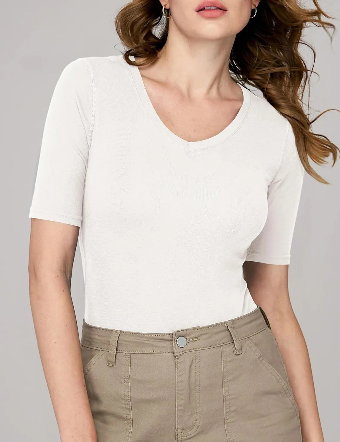 Amoretu Women's V Neck T Shirts Slim Fitted Half Sleeve Tops Basic Tees