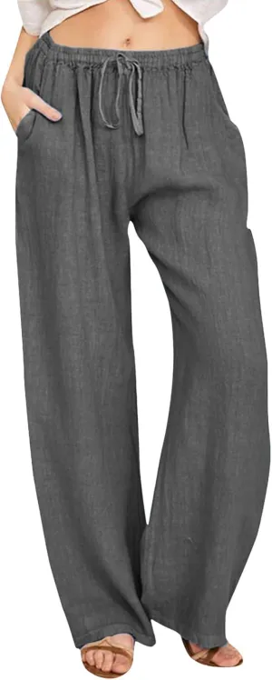 Aniwyn Cotton Linen Pants for Women Loose Fit Summer Wide Leg Casual Loose Drawstring High Waist Palazzo Trousers with Pocket