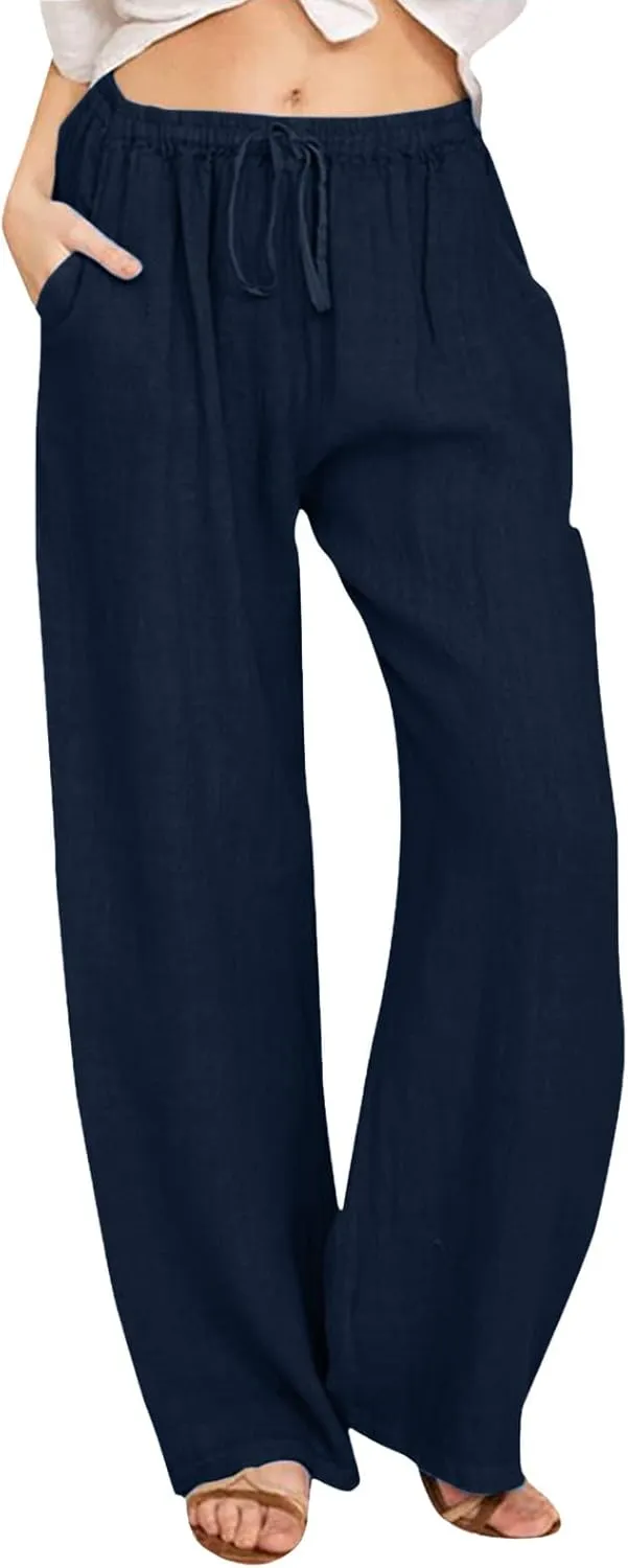 Aniwyn Cotton Linen Pants for Women Loose Fit Summer Wide Leg Casual Loose Drawstring High Waist Palazzo Trousers with Pocket