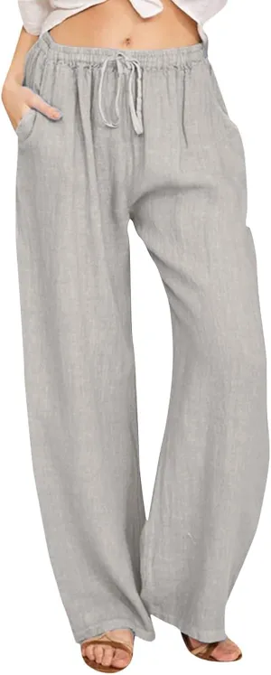 Aniwyn Cotton Linen Pants for Women Loose Fit Summer Wide Leg Casual Loose Drawstring High Waist Palazzo Trousers with Pocket