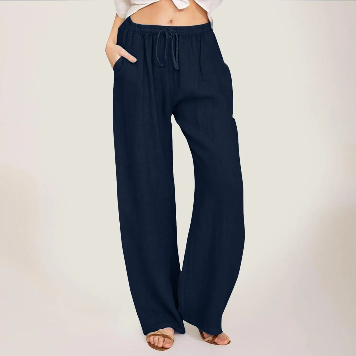 Aniwyn Cotton Linen Pants for Women Loose Fit Summer Wide Leg Casual Loose Drawstring High Waist Palazzo Trousers with Pocket