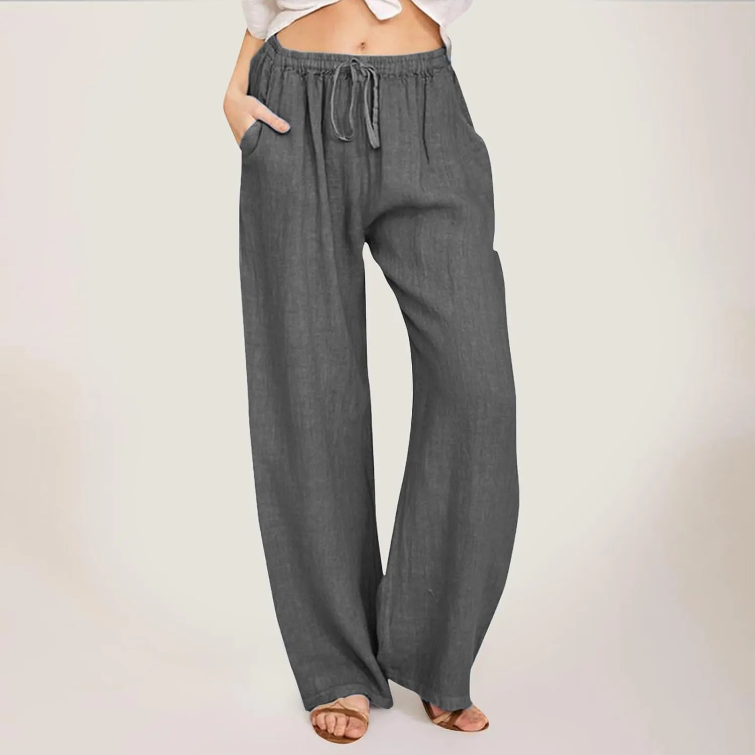 Aniwyn Cotton Linen Pants for Women Loose Fit Summer Wide Leg Casual Loose Drawstring High Waist Palazzo Trousers with Pocket
