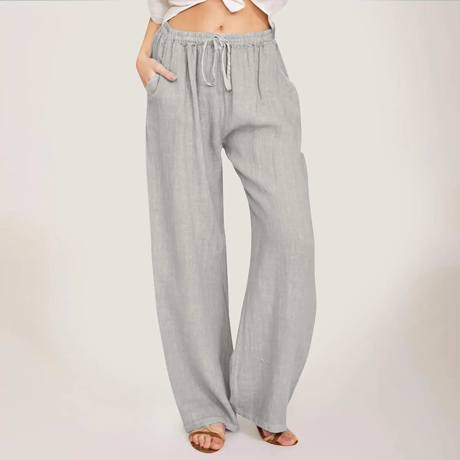 Aniwyn Cotton Linen Pants for Women Loose Fit Summer Wide Leg Casual Loose Drawstring High Waist Palazzo Trousers with Pocket