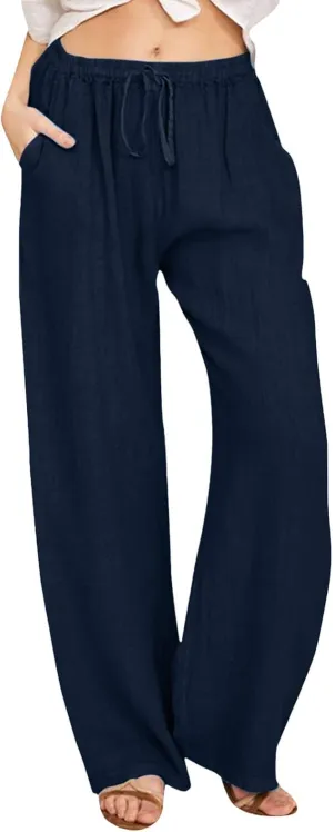 Aniwyn Cotton Linen Pants for Women Loose Fit Summer Wide Leg Casual Loose Drawstring High Waist Palazzo Trousers with Pocket