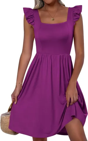 ANRABESS Womens Summer Short Dress 2025 Square Neck Sleeveless A Line Ruffled Wedding Casual Cute Teen Beach Mini Sundress